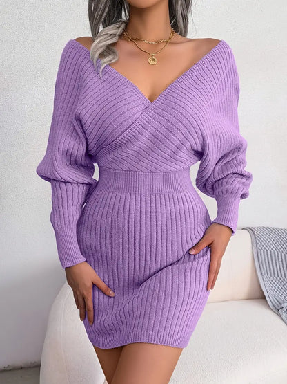 V-neck Sleeve Sweater Dress