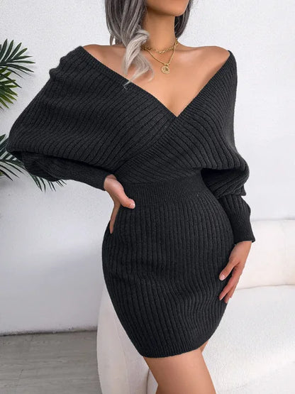 V-neck Sleeve Sweater Dress