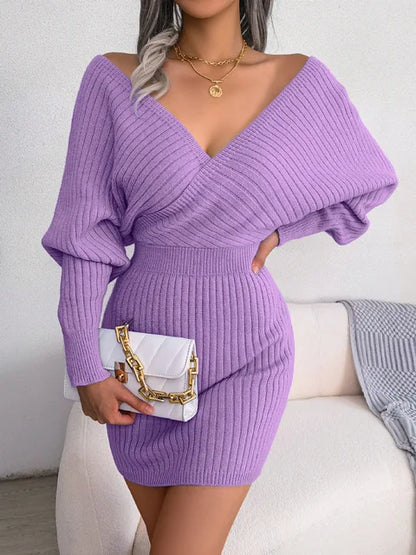 V-neck Sleeve Sweater Dress