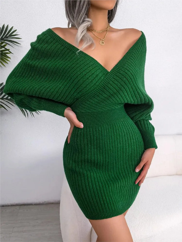 V-neck Sleeve Sweater Dress