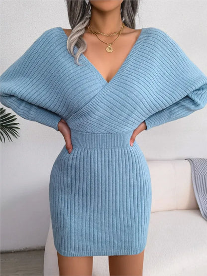 V-neck Sleeve Sweater Dress