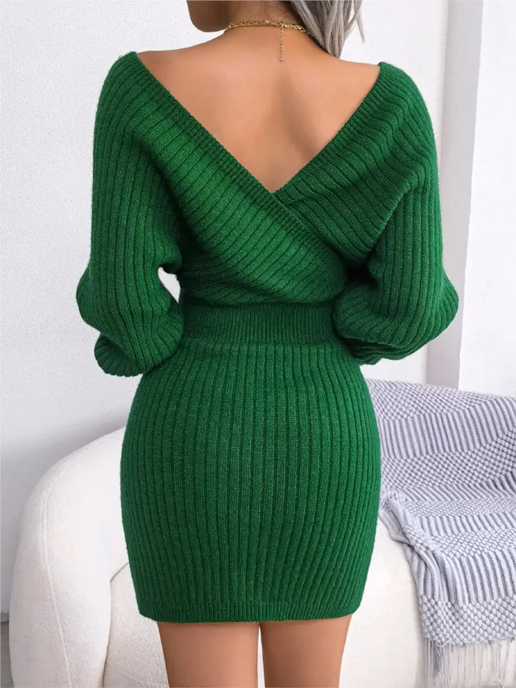 V-neck Sleeve Sweater Dress