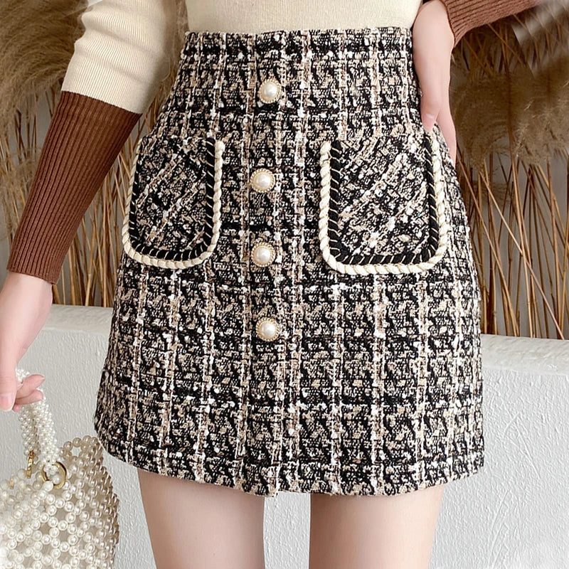 Classic High Waist Pearl Button Skirt