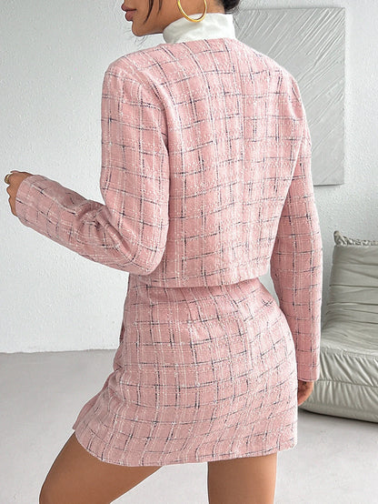 Timeless Pink Plaid Skirt Suit Set