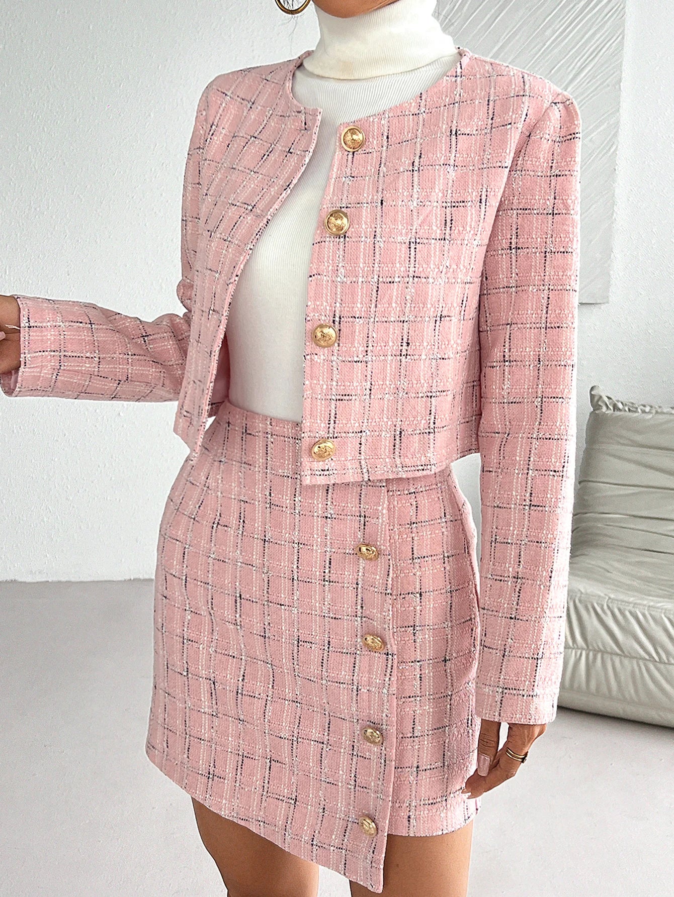 Timeless Pink Plaid Skirt Suit Set