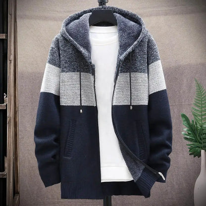 Knitted Warm Color-Block Hooded Cardigan