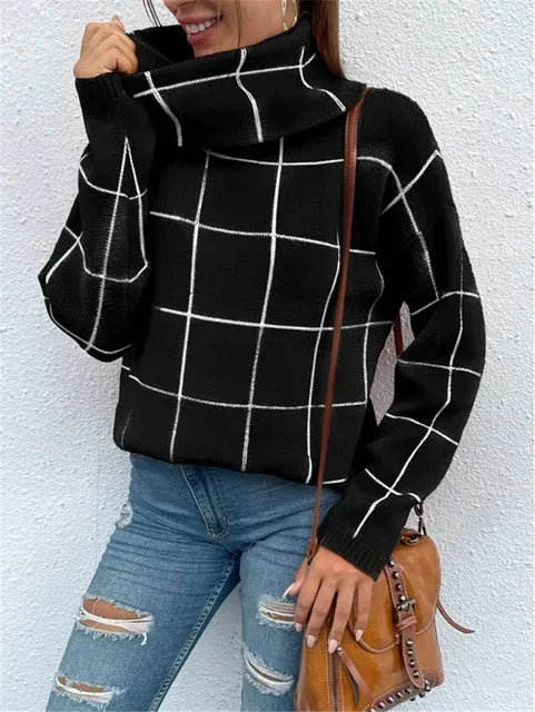 Stylish High Neck Grid Sweater