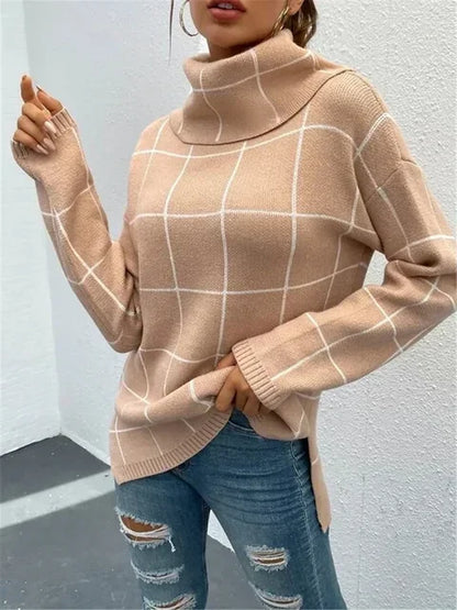 Stylish High Neck Grid Sweater