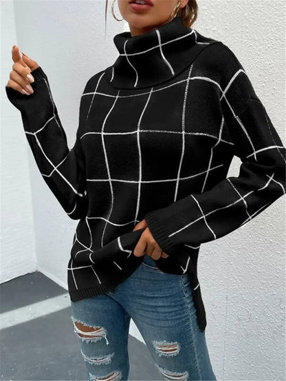 Stylish High Neck Grid Sweater