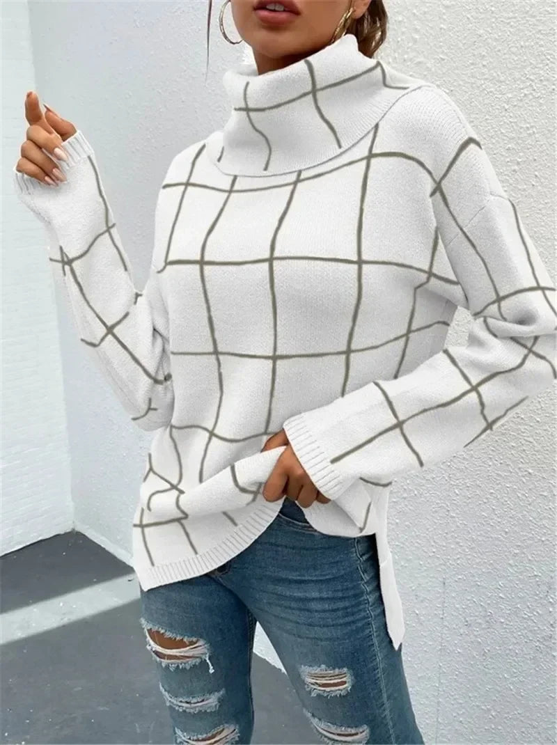 Stylish High Neck Grid Sweater