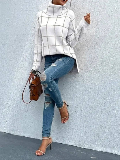 Stylish High Neck Grid Sweater