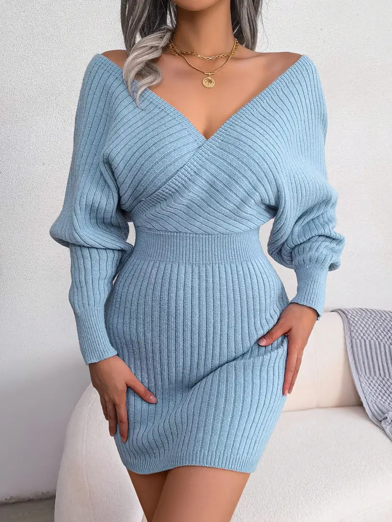 V-neck Sleeve Sweater Dress